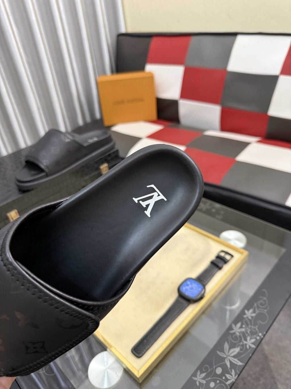Louis Vuitton Black Monogram Slide Sandals — detail