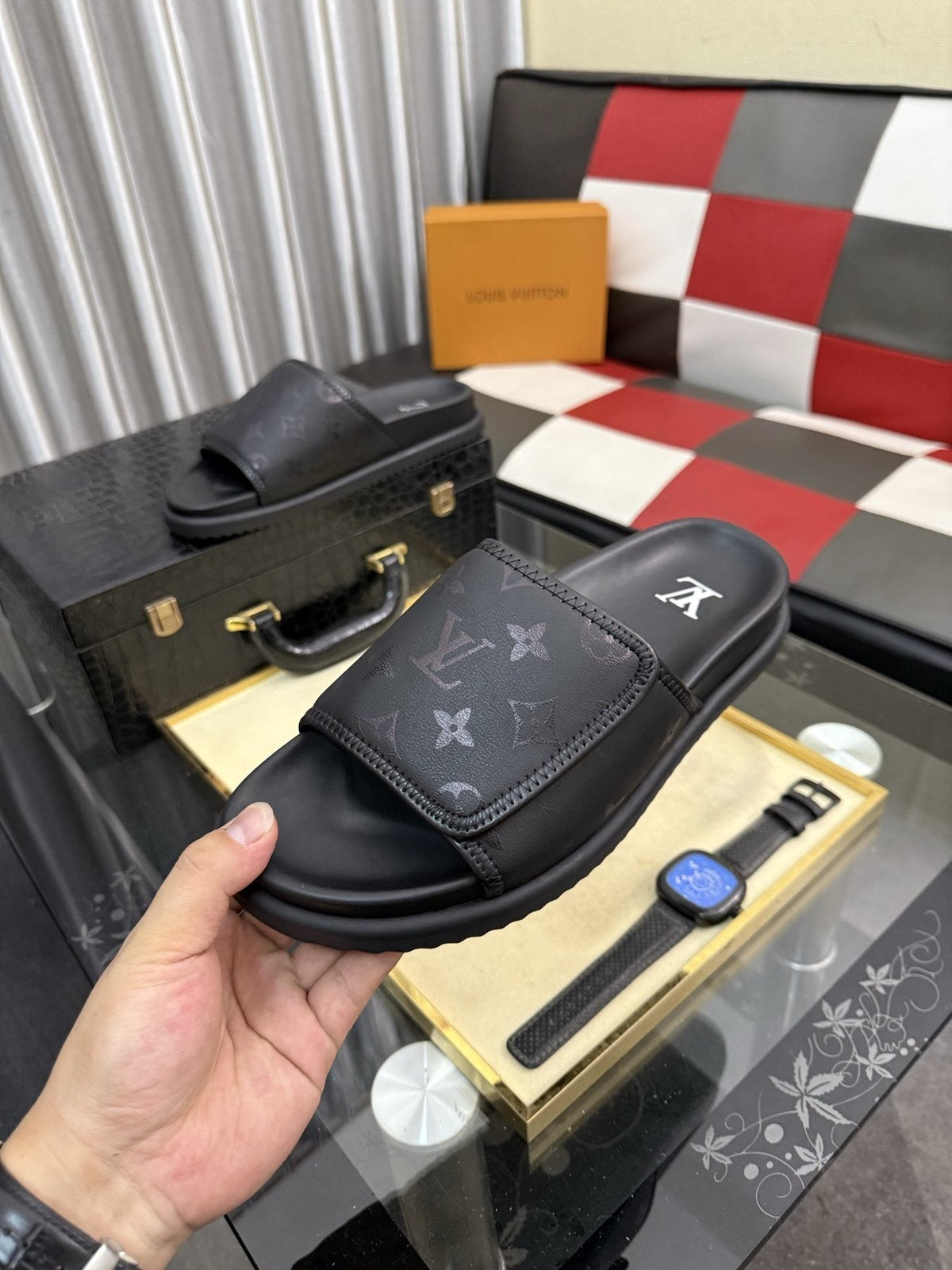 Louis Vuitton Black Monogram Slide Sandals — model