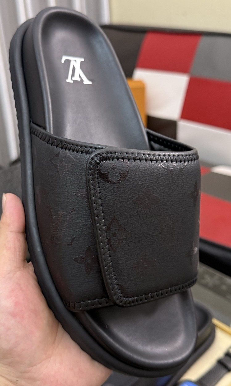 Louis Vuitton Black Monogram Slide Sandals — front