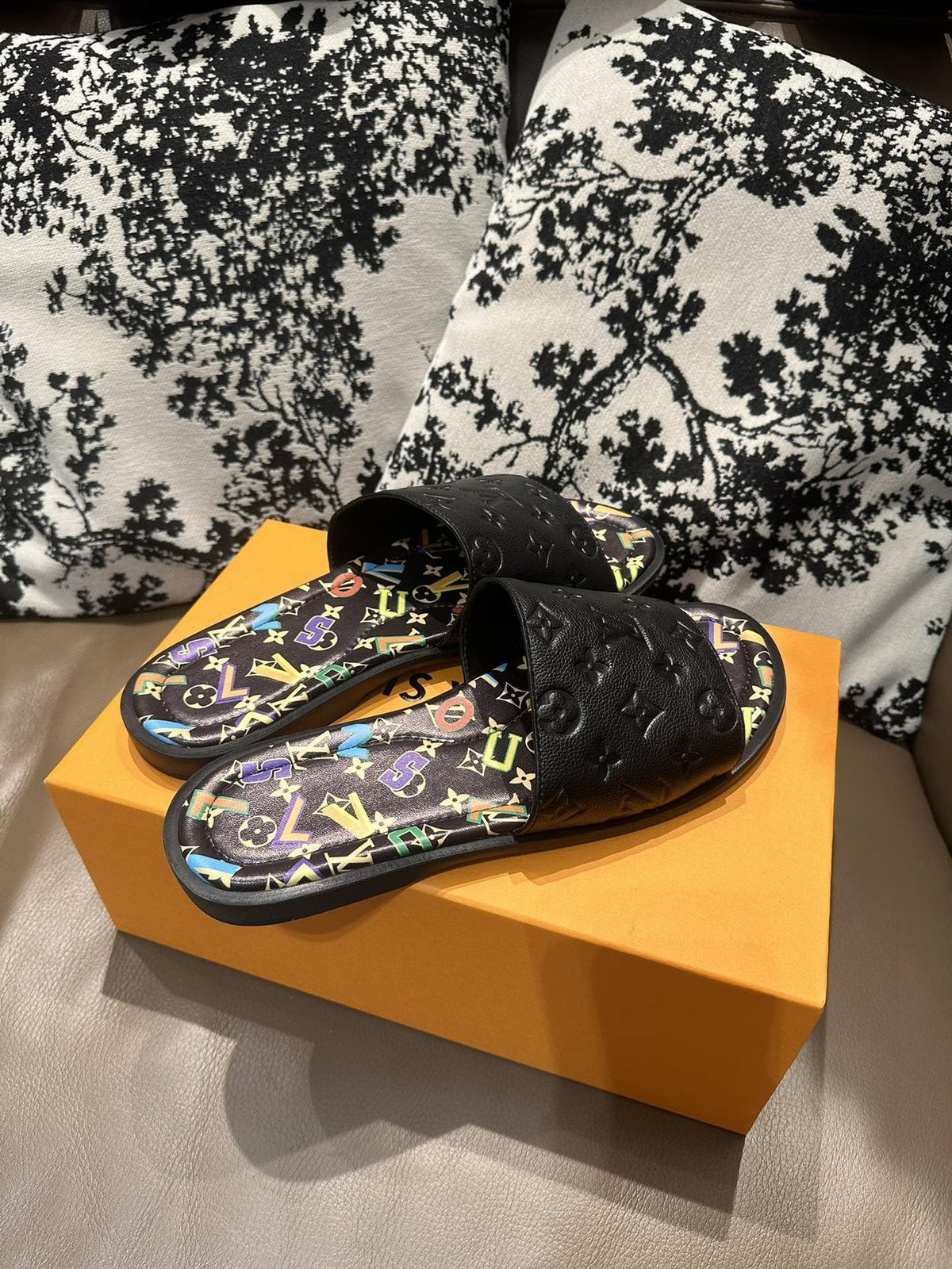 Louis Vuitton Black Embossed Slide Sandals — side