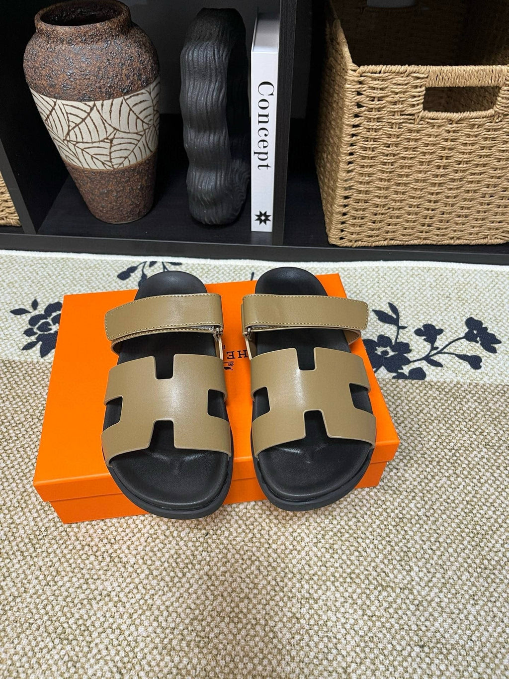 Hermes Kazimir Tan and Black Slide Sandals — hero