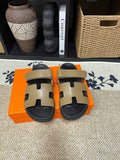Hermes Kazimir Tan and Black Slide Sandals — hero