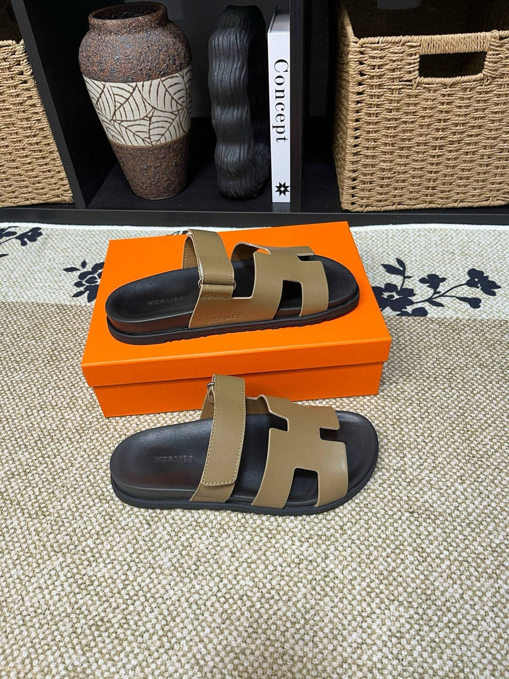 Hermes Kazimir Tan and Black Slide Sandals — side