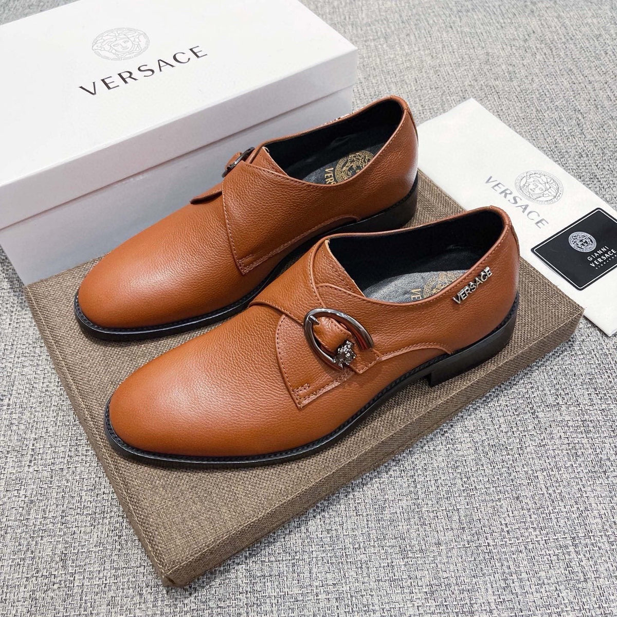 Versace Tan Brown Metal Detail Slip-On Shoes — front