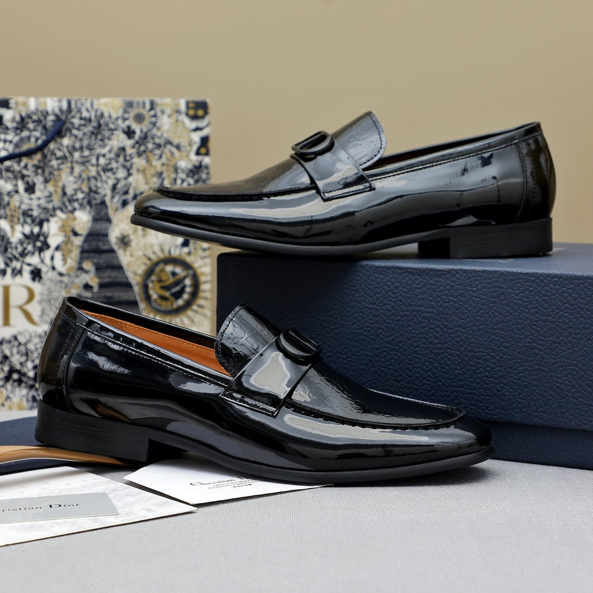 Dior Black Embossed Buckle Loafers — front