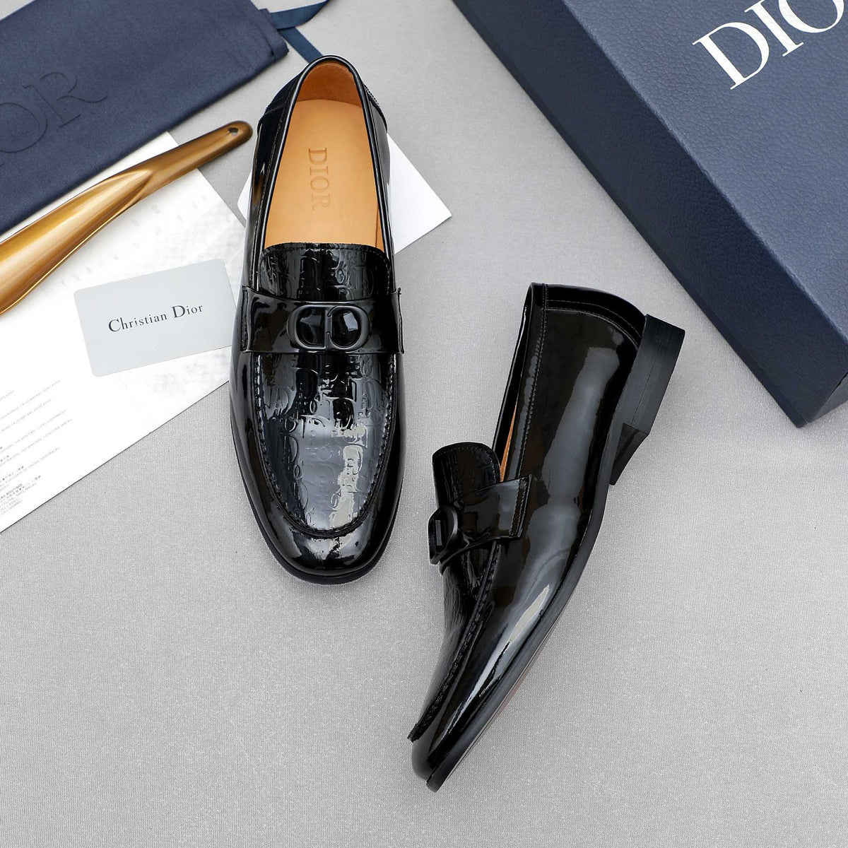 Dior Black Embossed Buckle Loafers — front