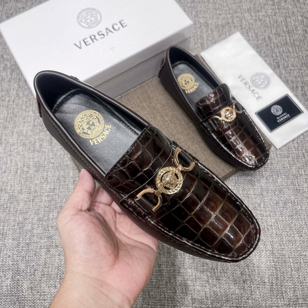 Versace Dark Brown Croc-Embossed Loafers — detail