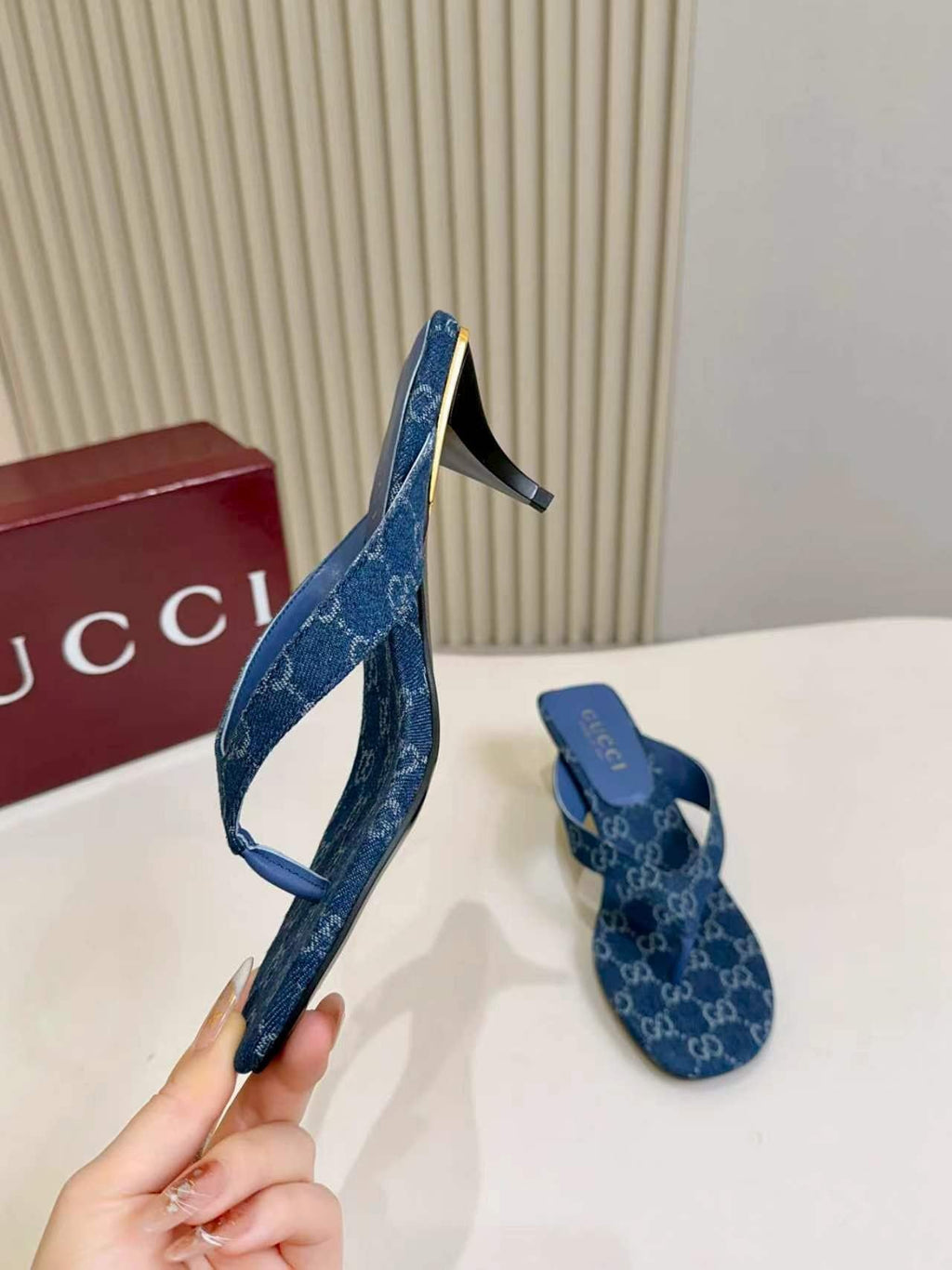 Gucci Blue Monogram Slingback Sandals — side