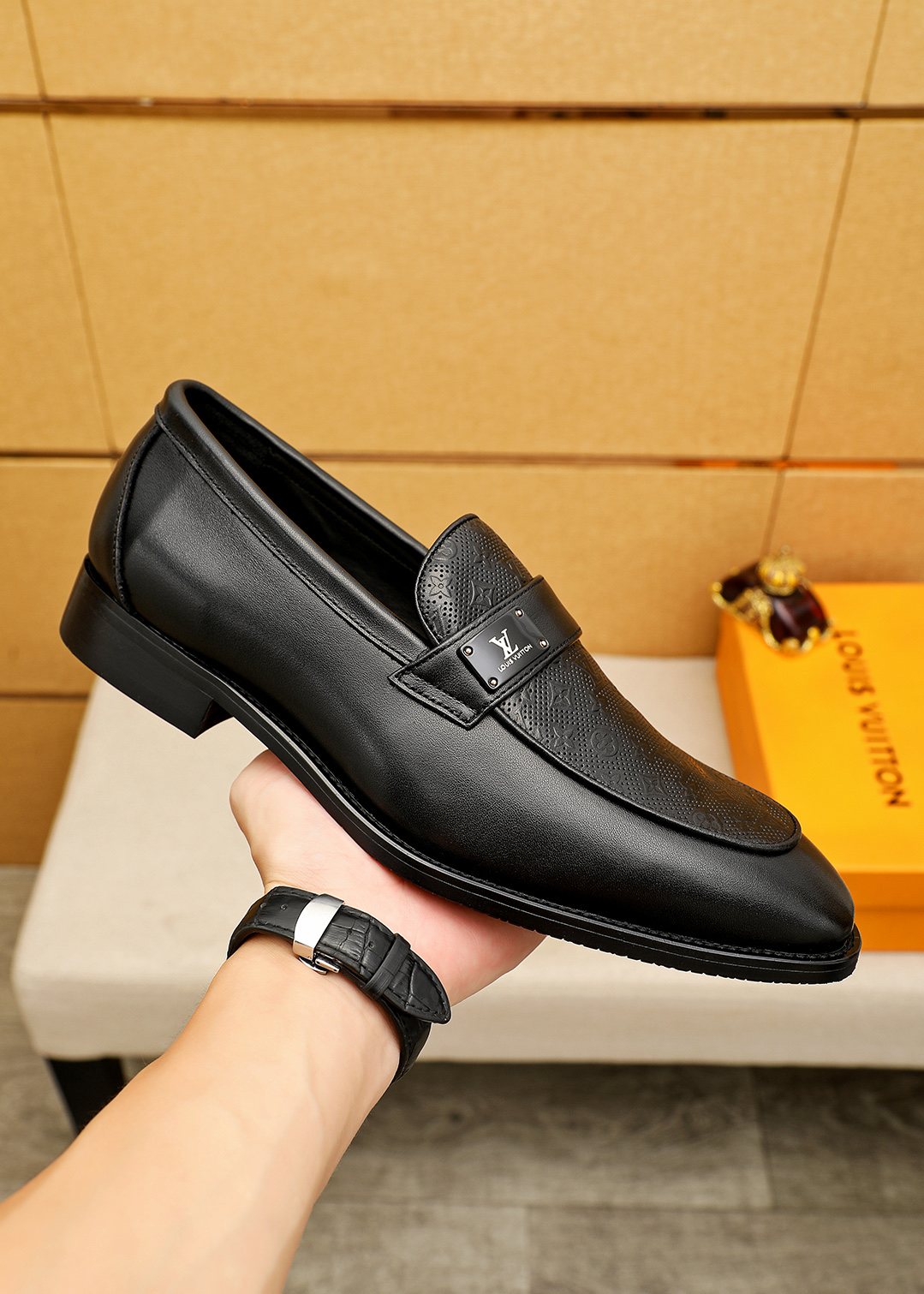 Louis Vuitton Black Embossed Loafers — side