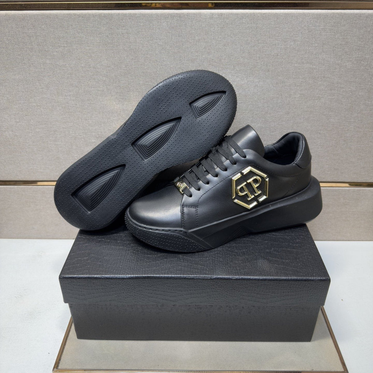 Philipp Plein Black Gold-Accent Sneakers — side