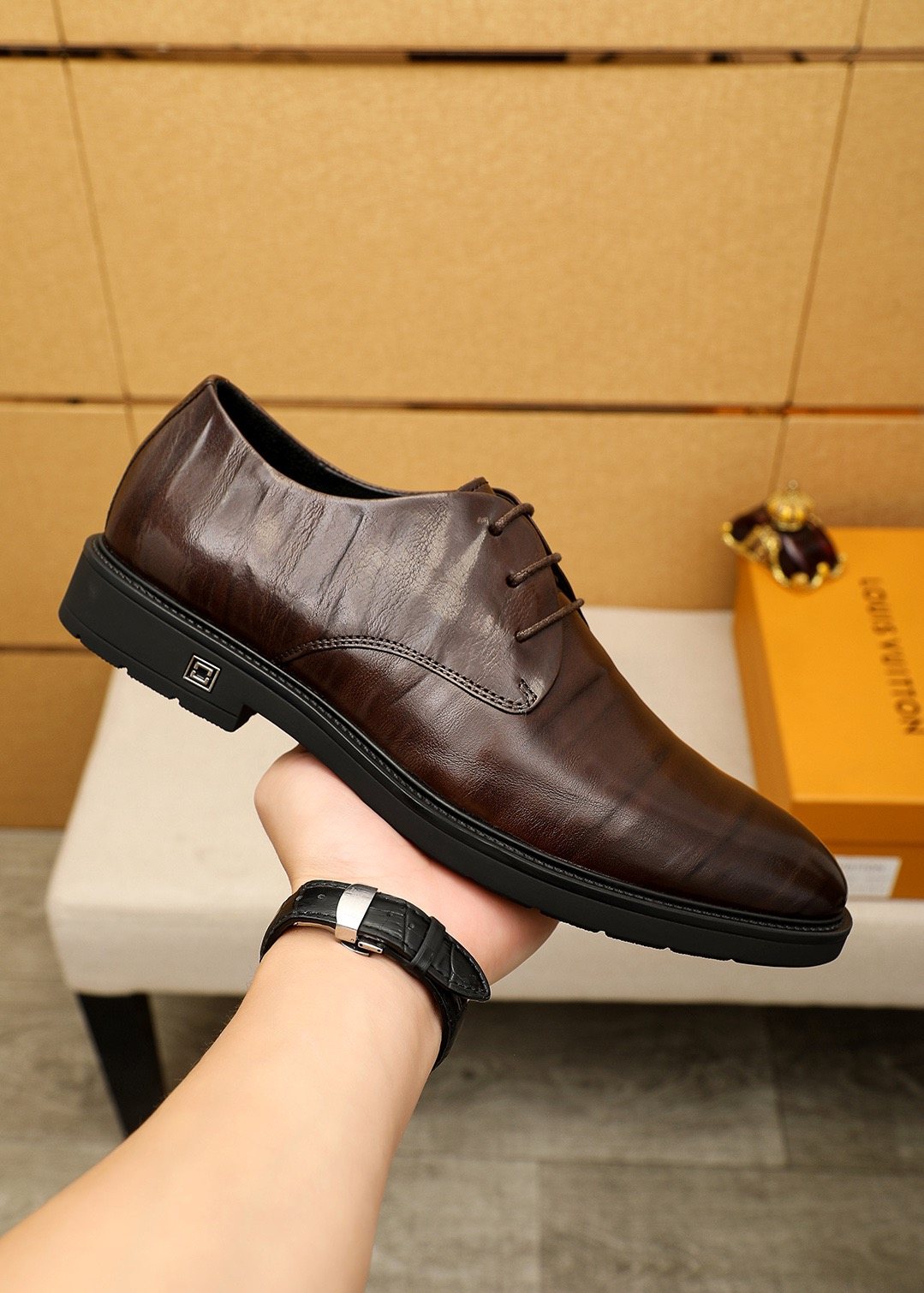 Louis Vuitton Dark Brown Croc-Embossed Dress Shoes — model