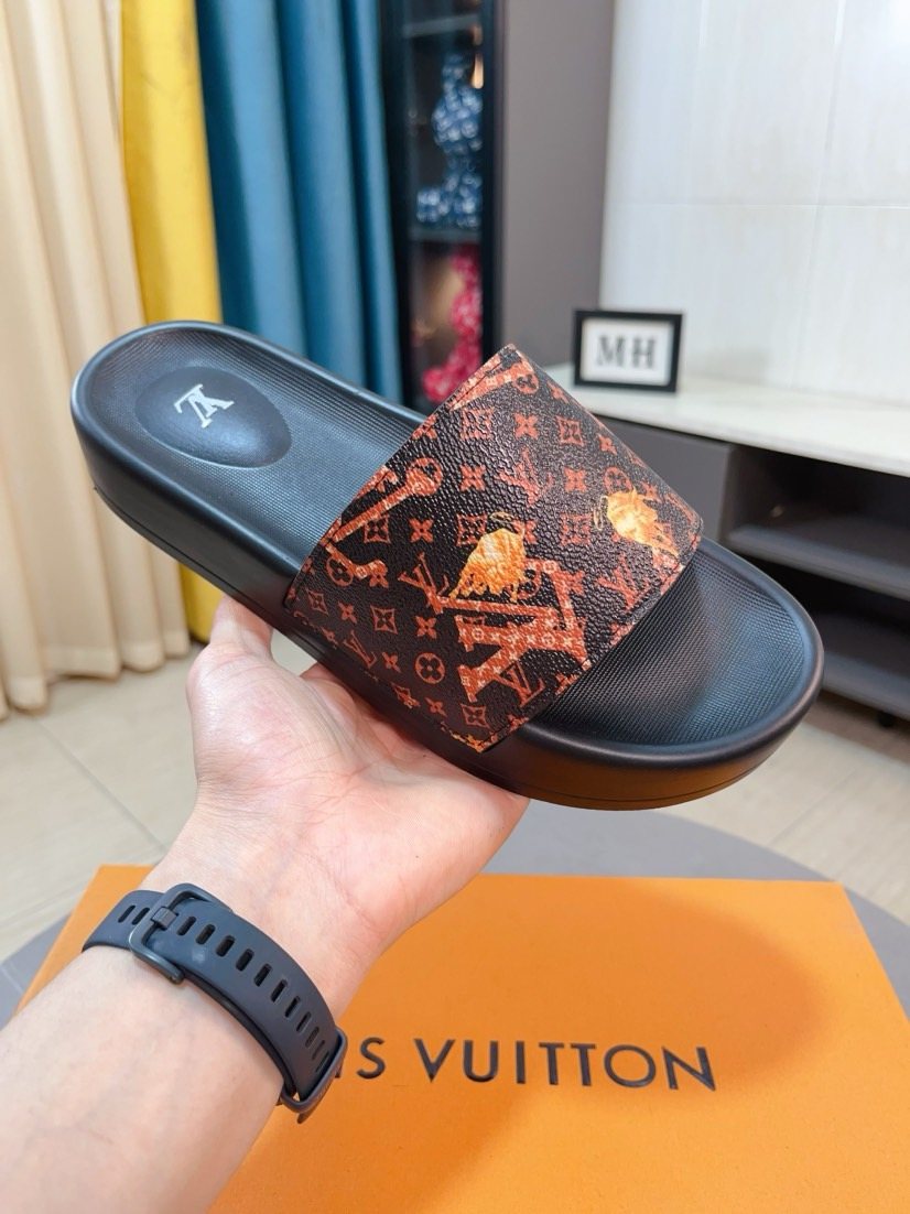 Louis Vuitton Monogram-Style Slide Sandals — model