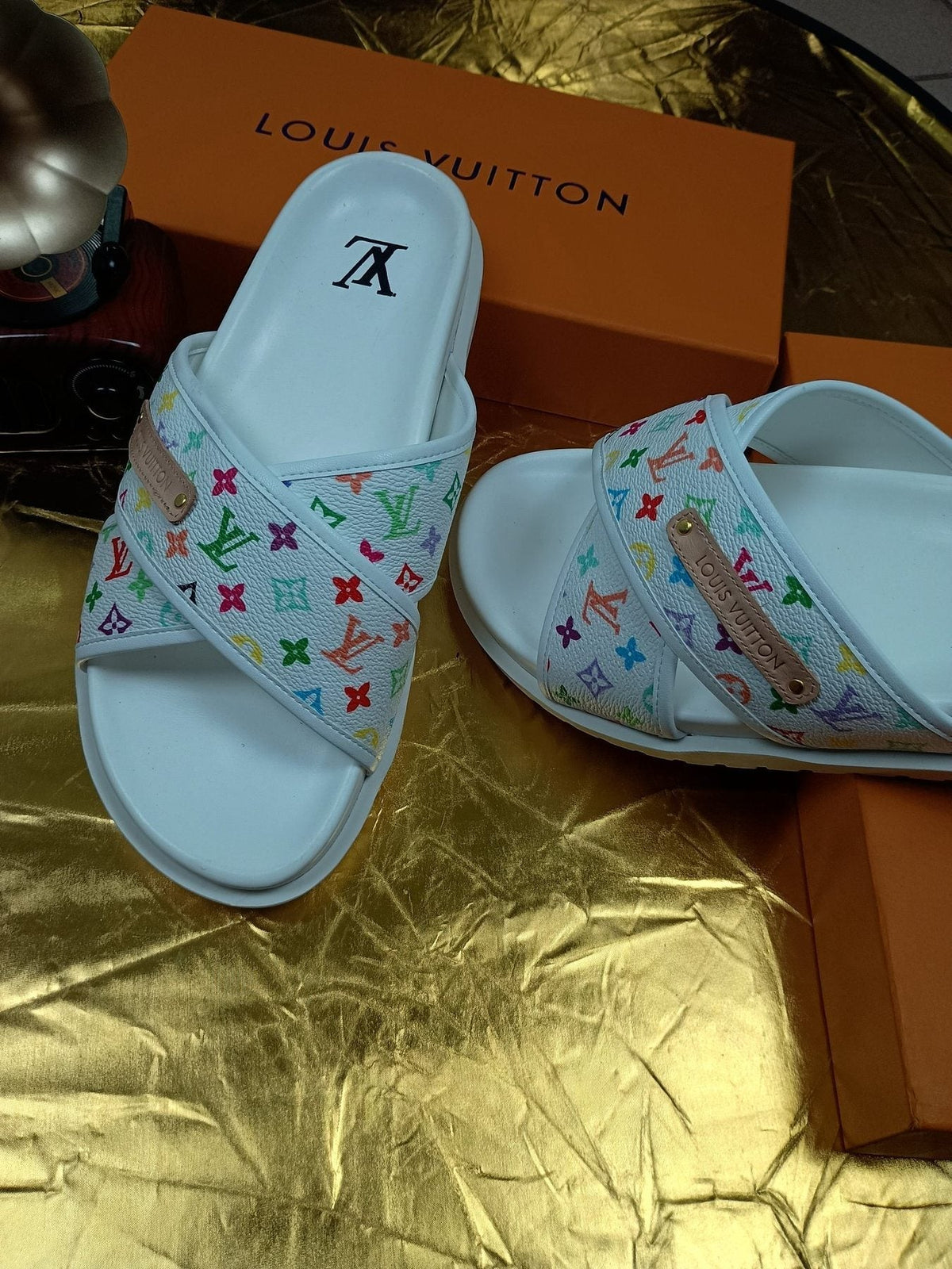 Louis Vuitton Multicolor Monogram Slide Sandals — side