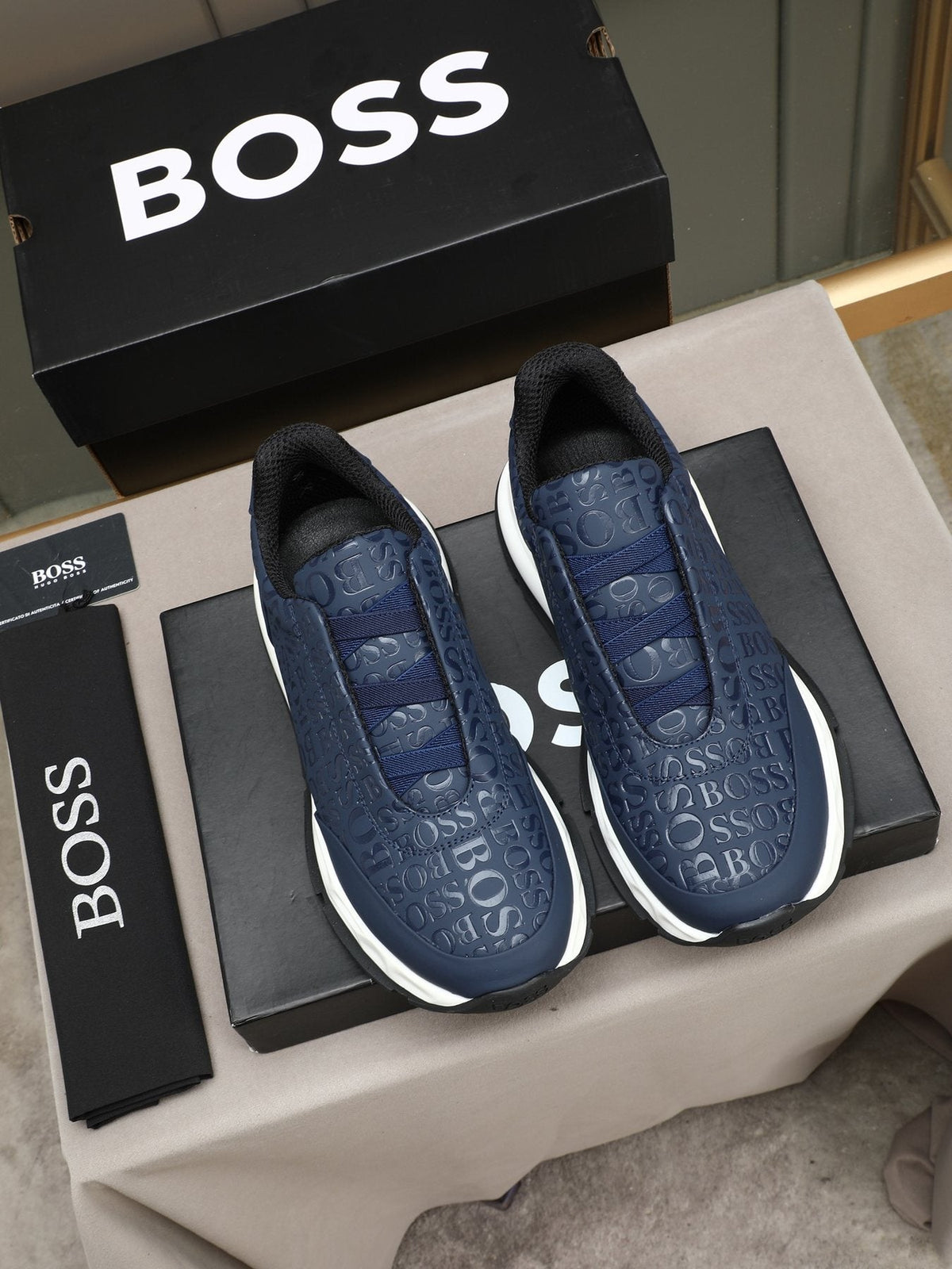 BOSS Navy Textured Slip-On Sneakers — front
