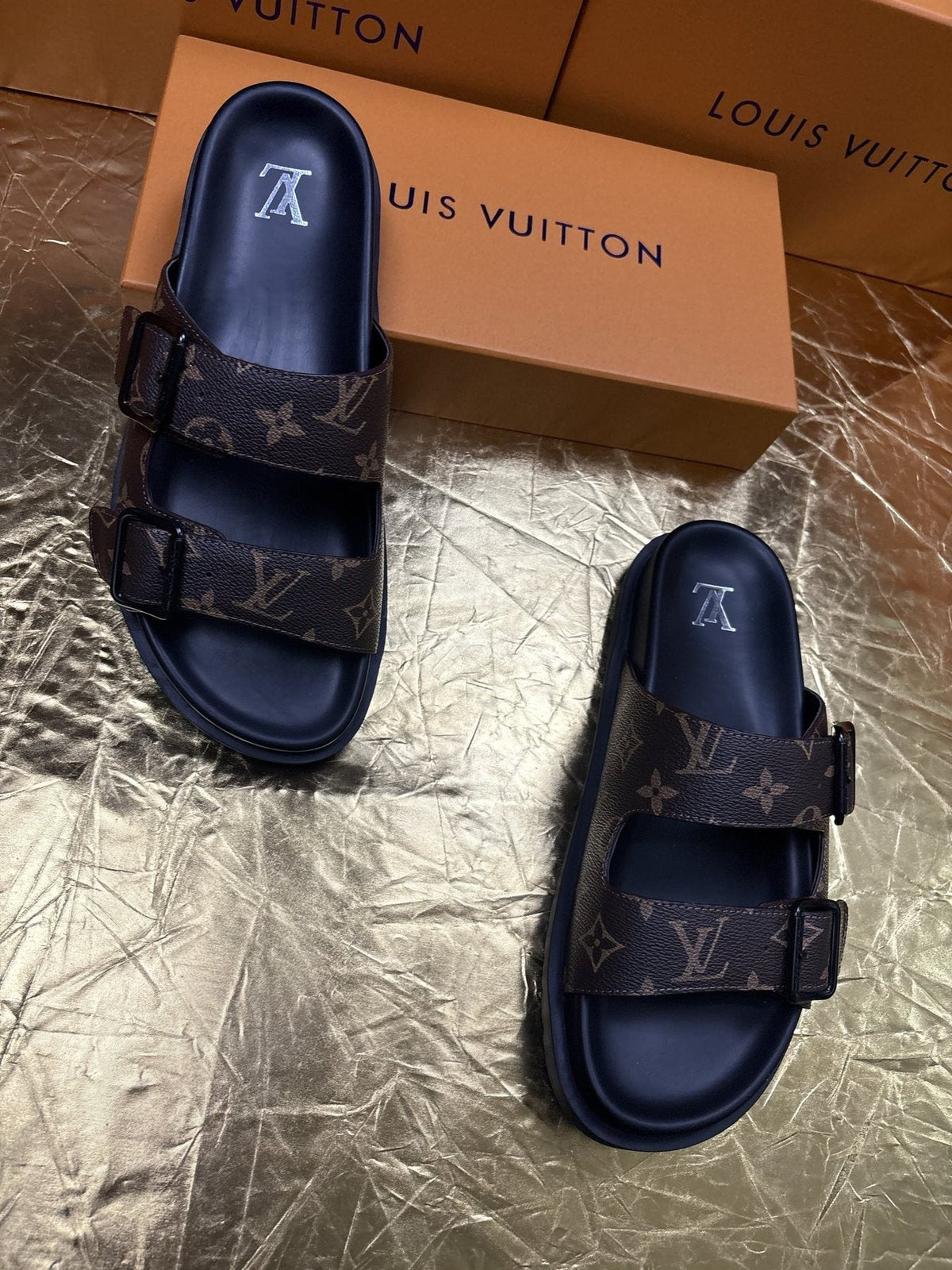 Louis Vuitton Monogram Double-Buckle Slide Sandals — front