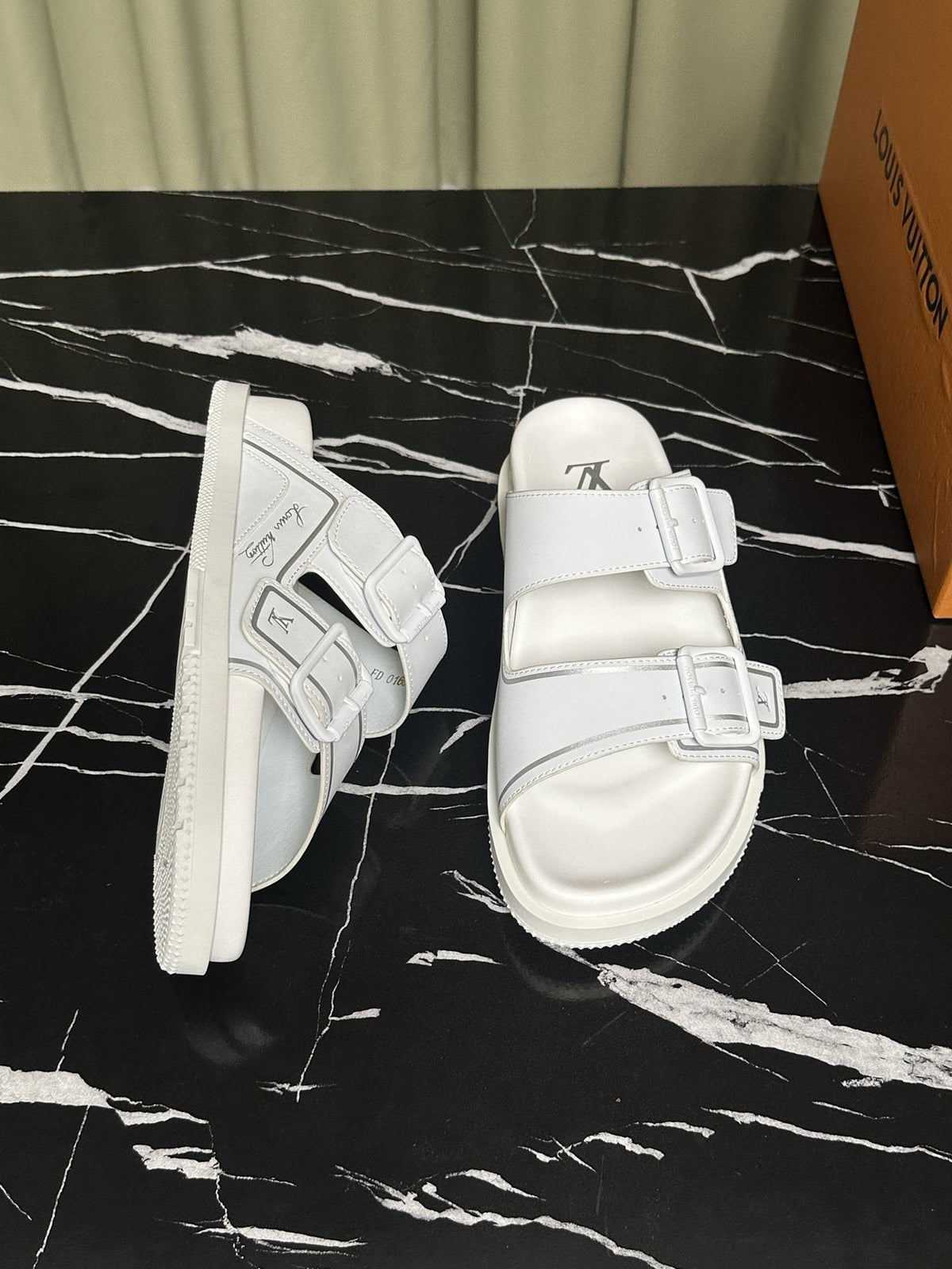 Louis Vuitton White Double-Buckle Slide Sandals — side