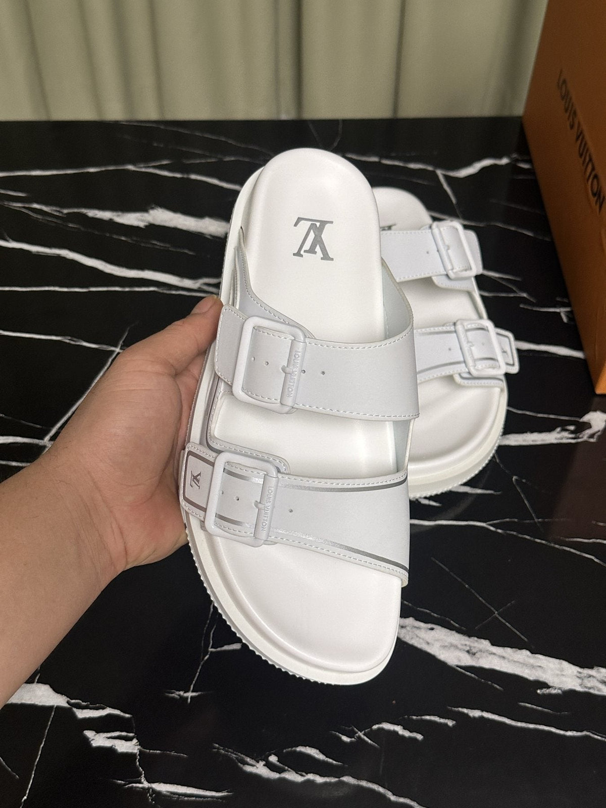 Louis Vuitton White Double-Buckle Slide Sandals — front