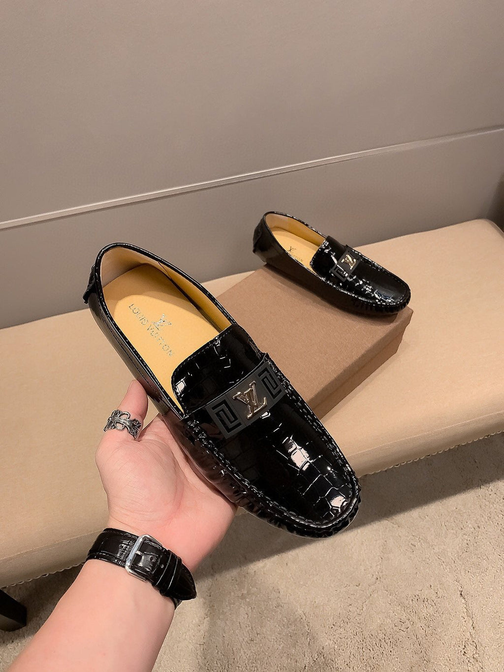 Louis Vuitton Black Embossed Loafers — front