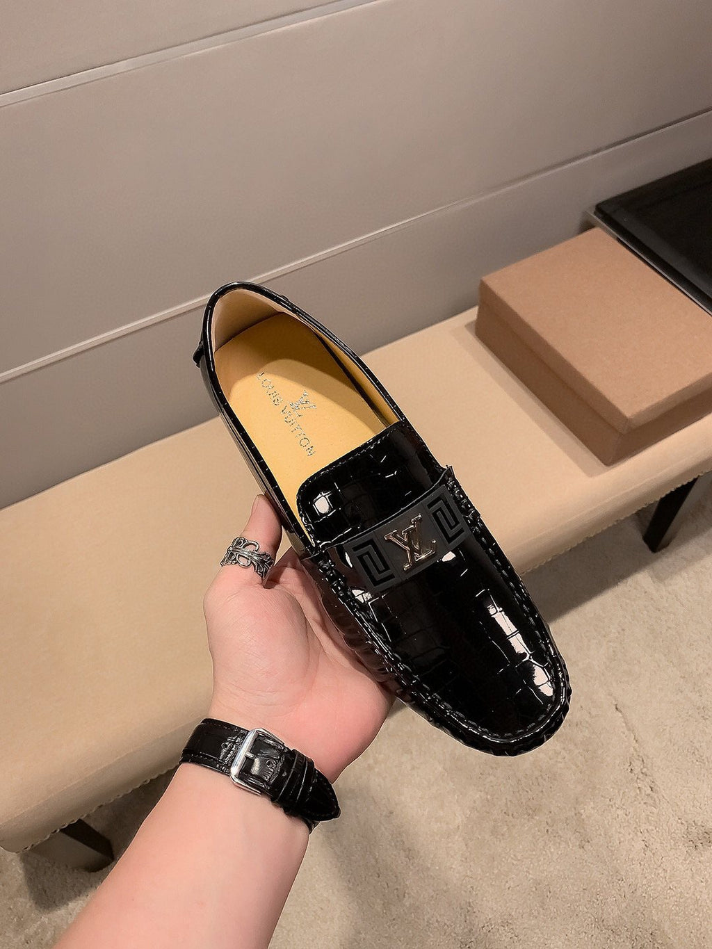 Louis Vuitton Black Embossed Loafers — front