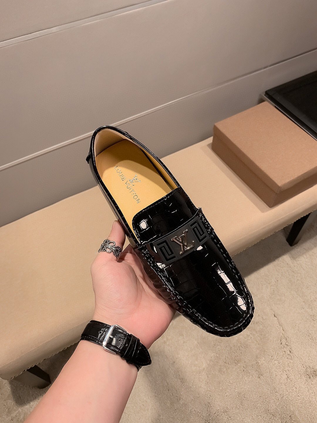 Louis Vuitton Black Embossed Loafers — front