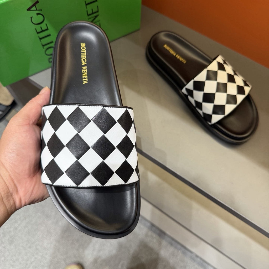 Bottega Veneta Checkerboard Slide Sandals — model