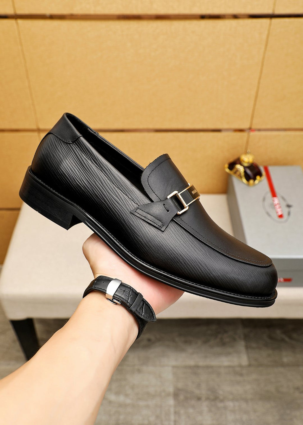 Prada Black Buckle Loafers — model