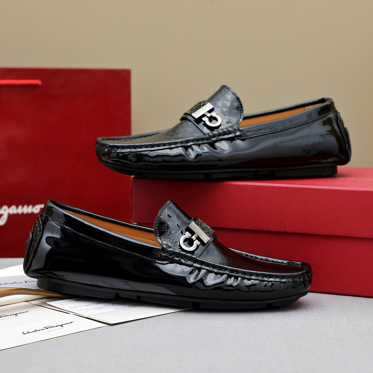 Ferragamo Black Embossed Slip-On Loafers — front