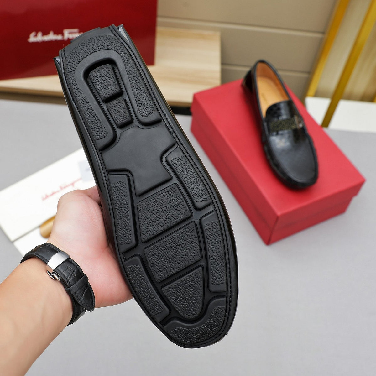 Ferragamo Black Embossed Slip-On Loafers — back