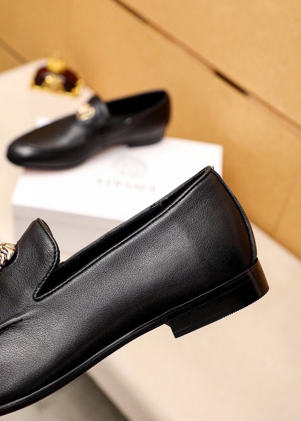 VERSACE Black Medallion Slip-On Shoes — detail