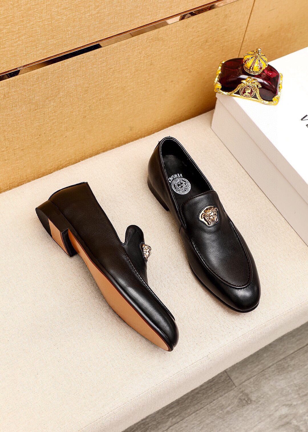 VERSACE Black Medallion Slip-On Shoes — front