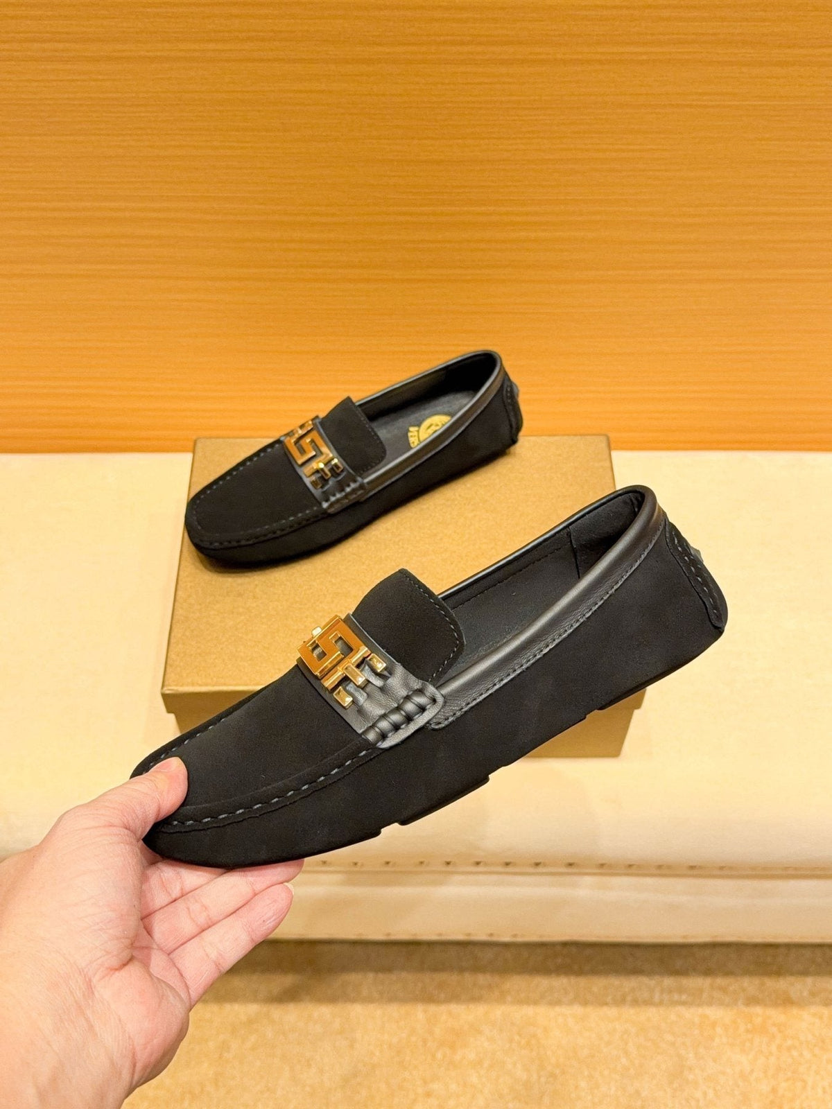 Versace Black Gold Buckle Loafers — front