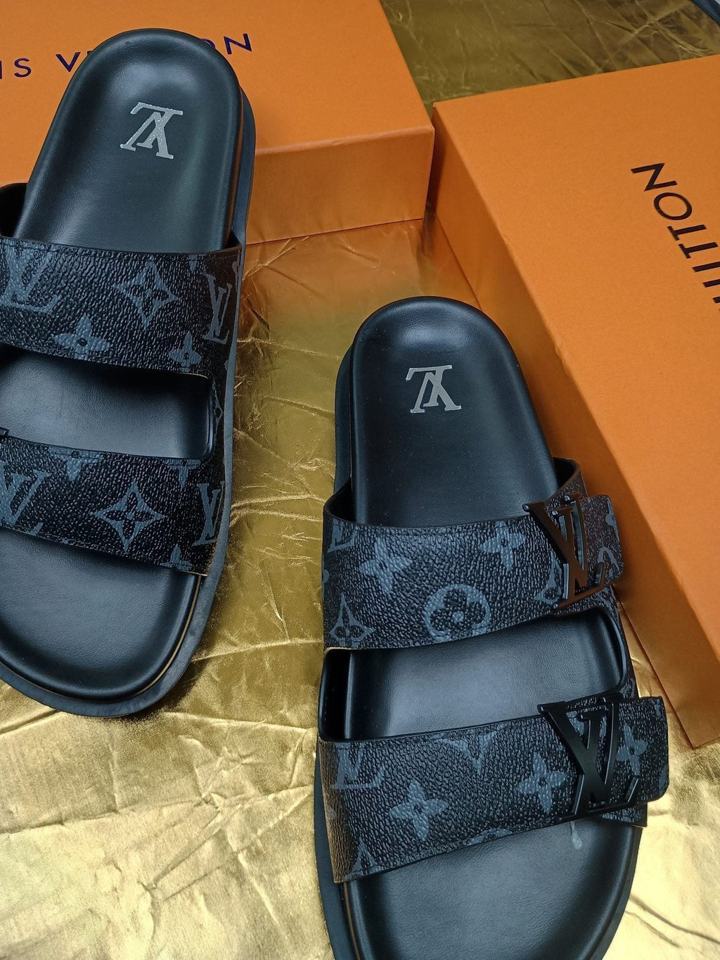 Louis Vuitton Dark Gray Monogram Slide Sandals — side