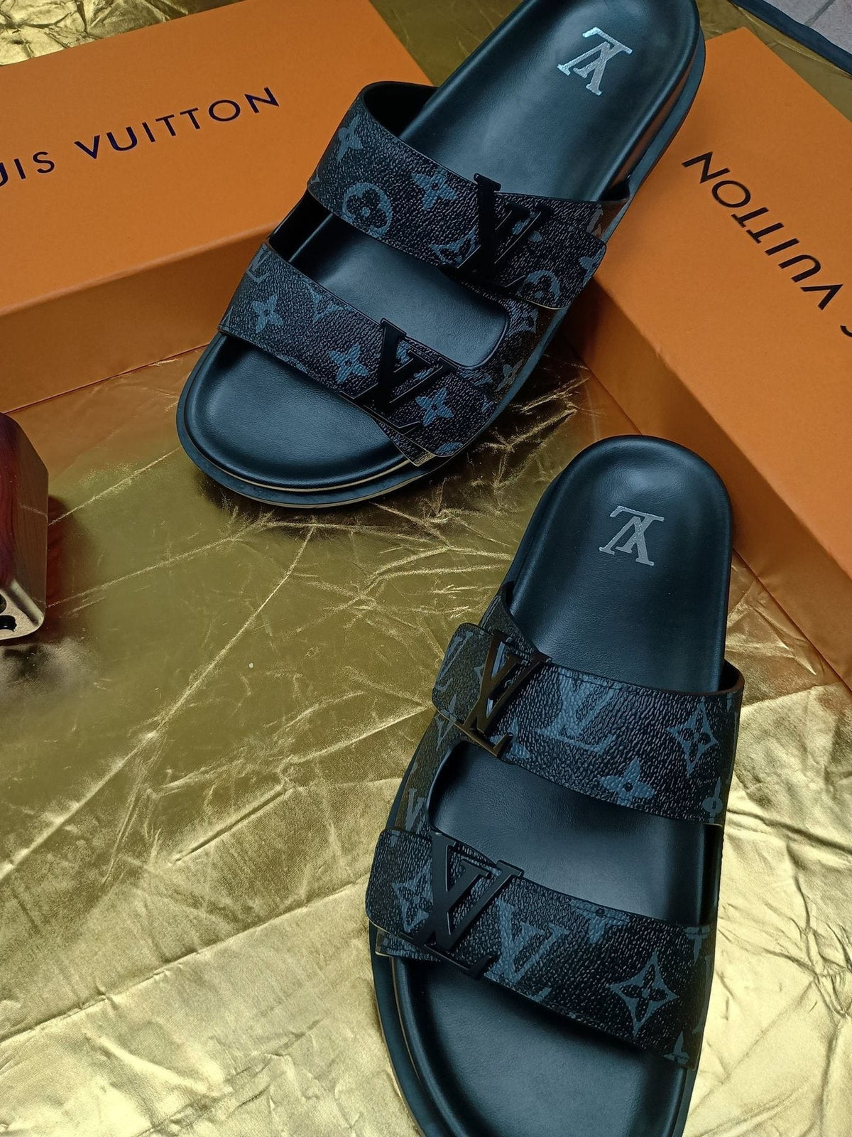 Louis Vuitton Dark Gray Monogram Slide Sandals — side