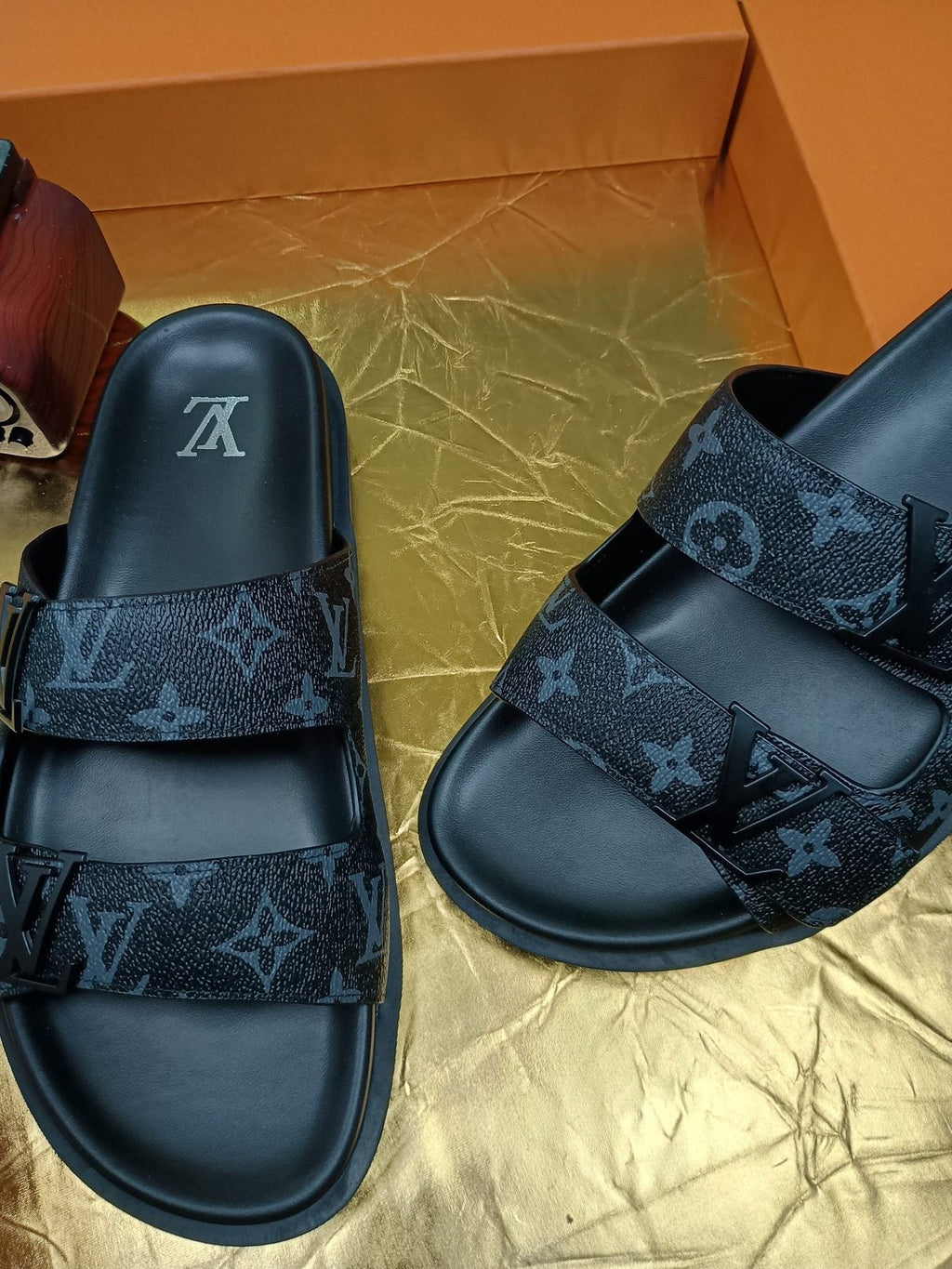 Louis Vuitton Dark Gray Monogram Slide Sandals — side
