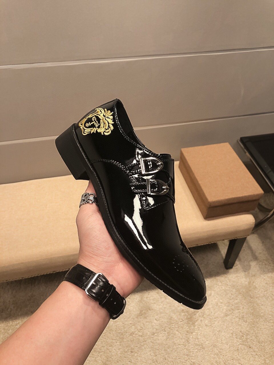 Versace Black Embroidered Dress Shoes — side