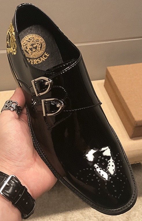 Versace Black Embroidered Dress Shoes — front