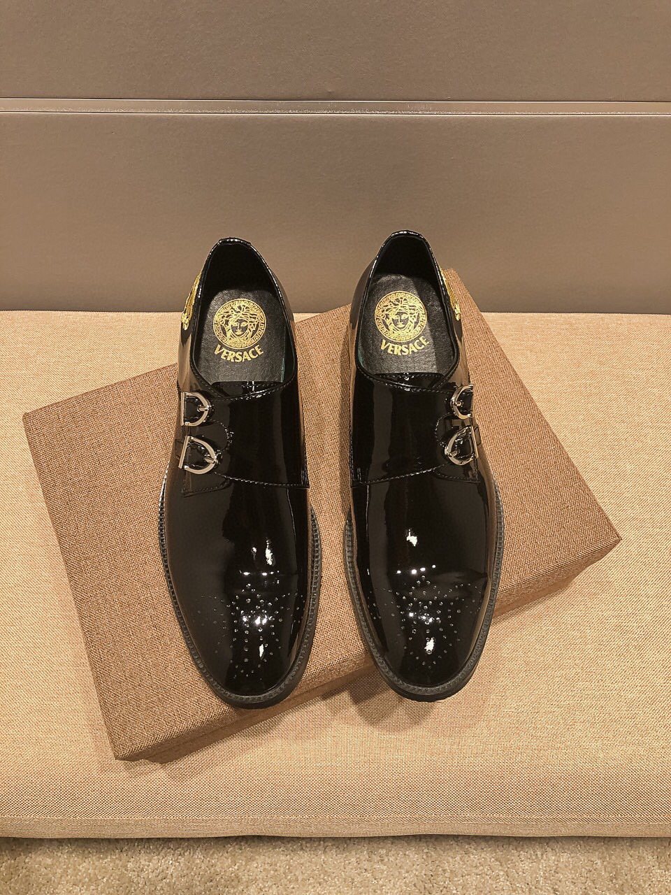 Versace Black Embroidered Dress Shoes — hero