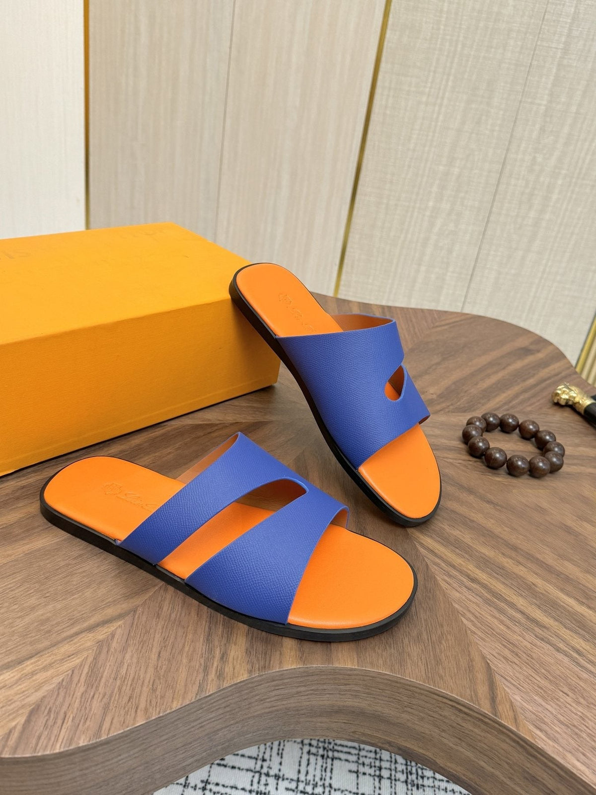 Loro Piana Blue and Orange Slide Sandals — side