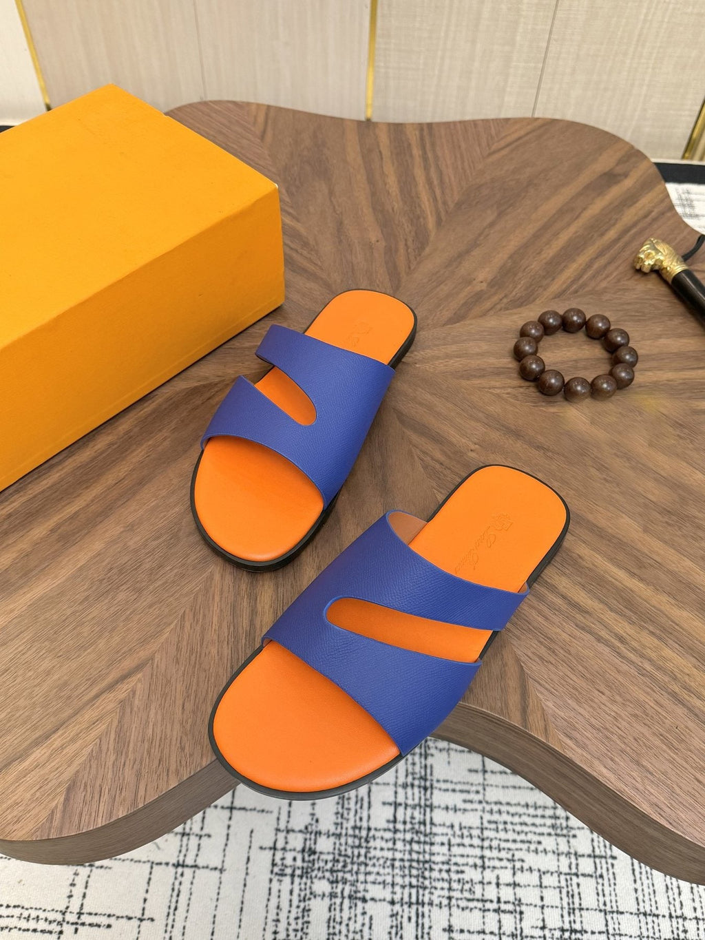 Loro Piana Blue and Orange Slide Sandals — front