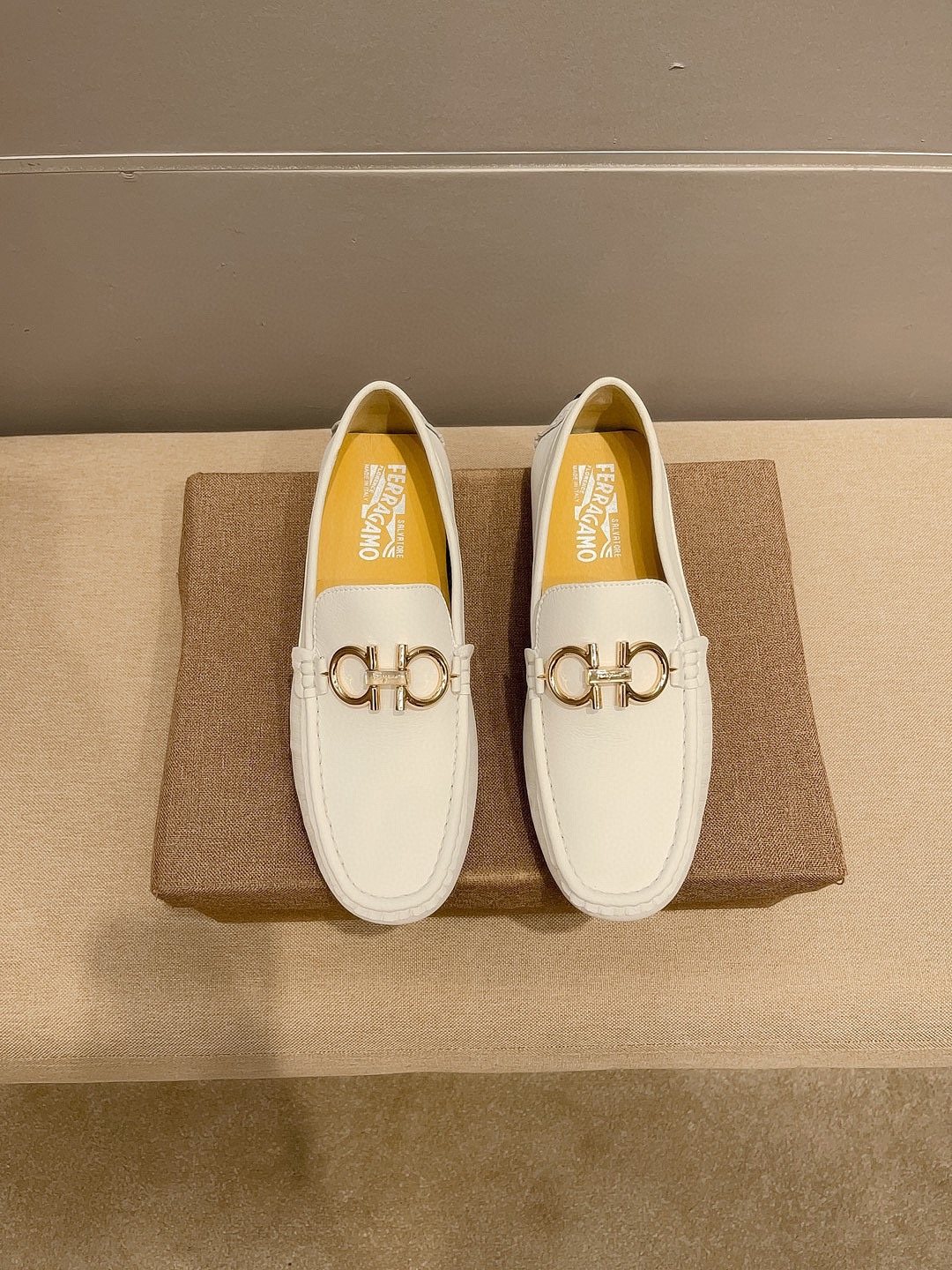 Ferragamo White Hardware Loafers — hero