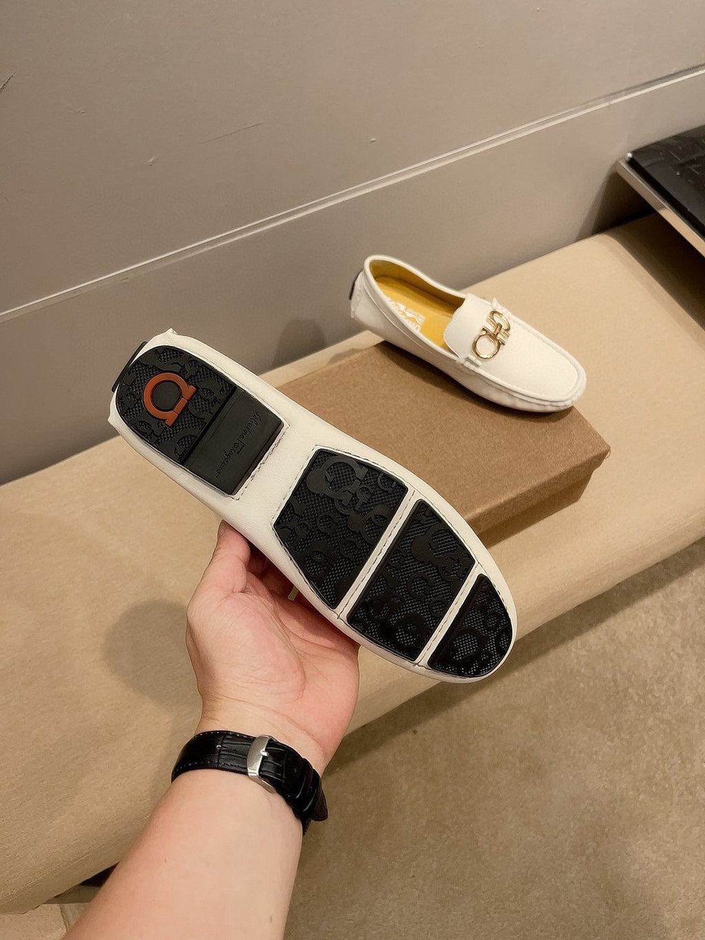 Ferragamo White Hardware Loafers — detail