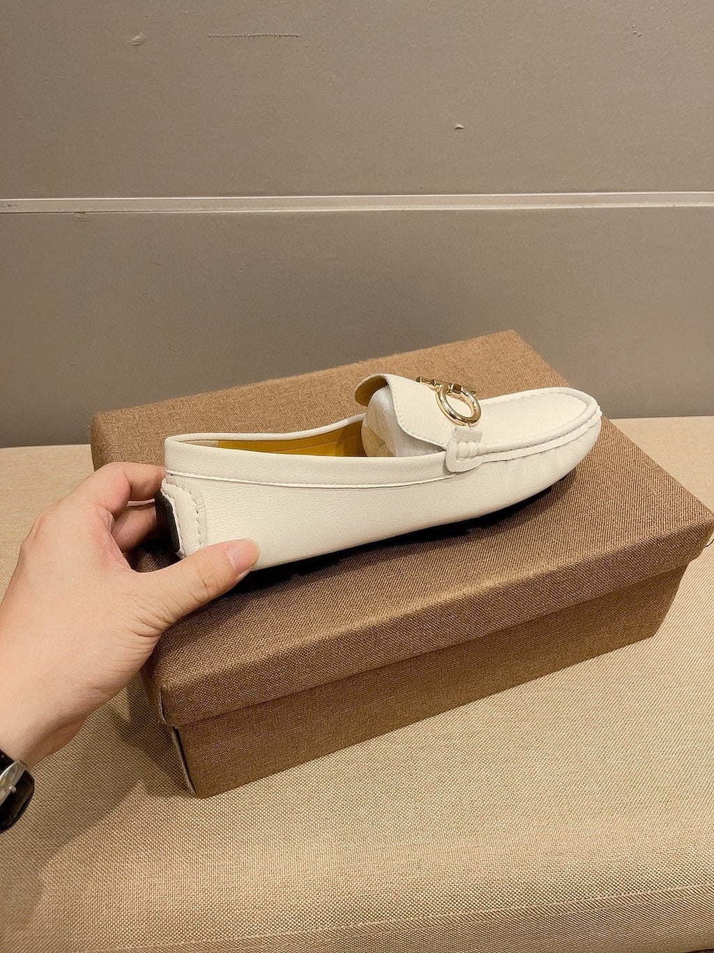 Ferragamo White Hardware Loafers — side