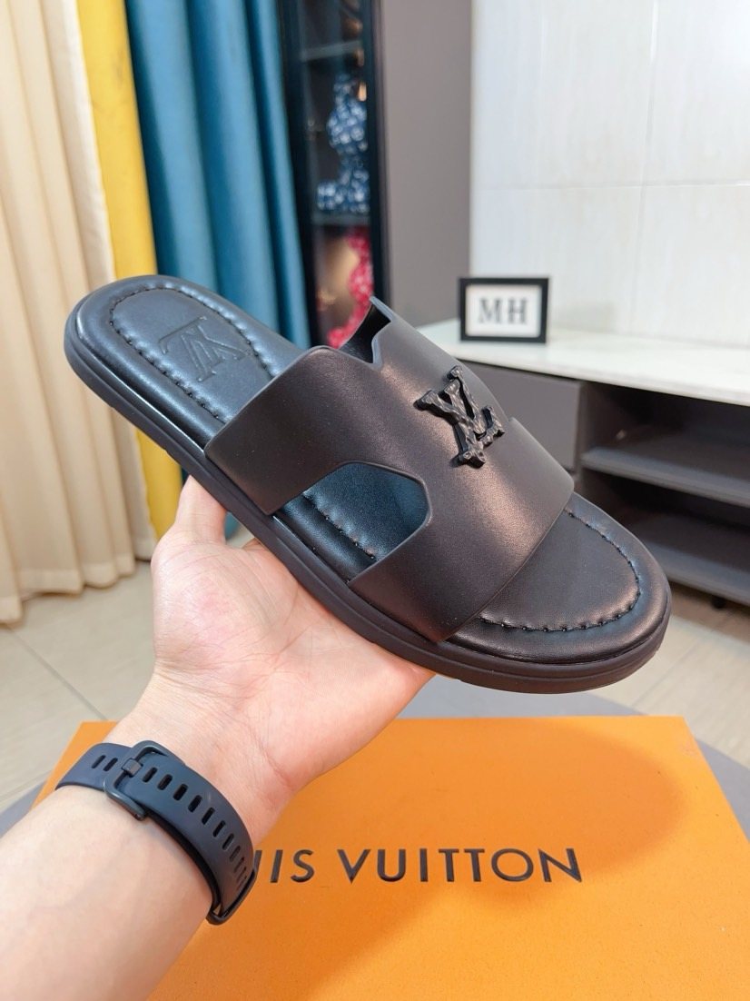 Louis Vuitton Black Cross-Strap Slide Sandals — side