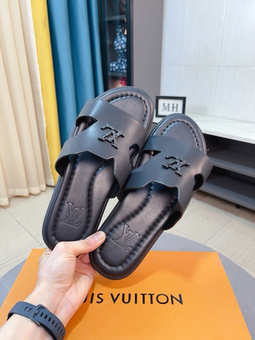 Louis Vuitton Black Cross-Strap Slide Sandals — front