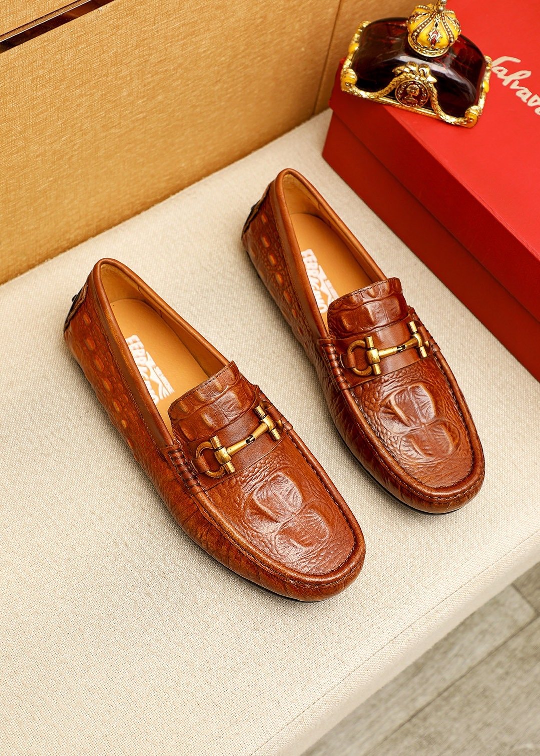 Ferragamo Brown Embossed Driving Loafers — hero