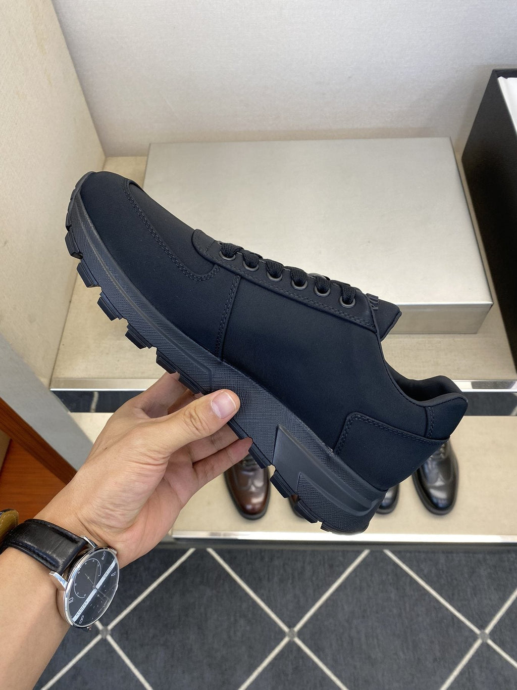 Prada Black Lace-Up Sneakers — side