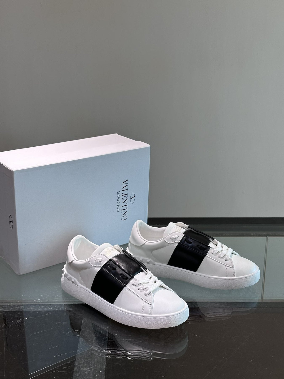 Valentino White Sneakers with Black Strap — side