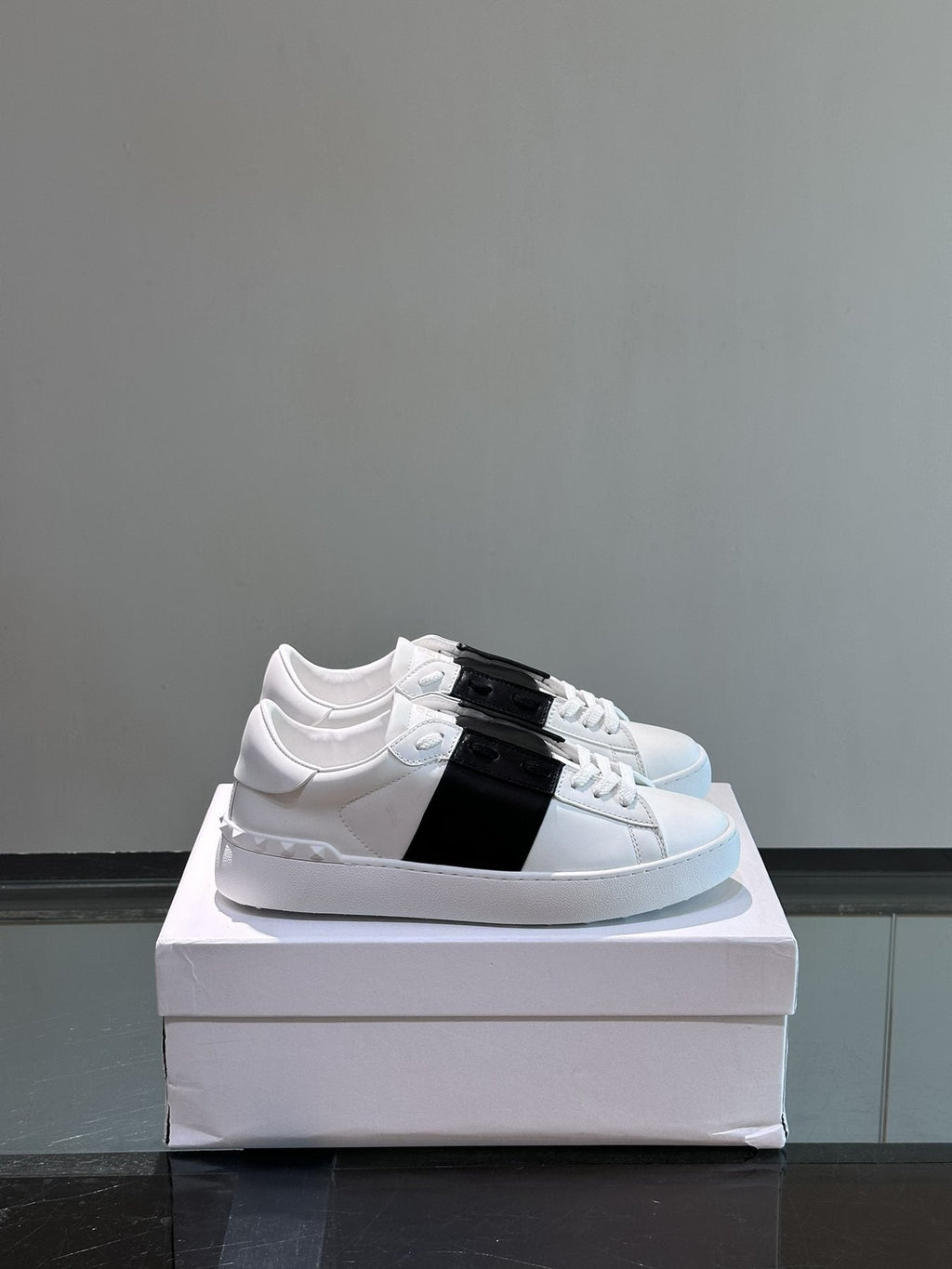 Valentino White Sneakers with Black Strap — side