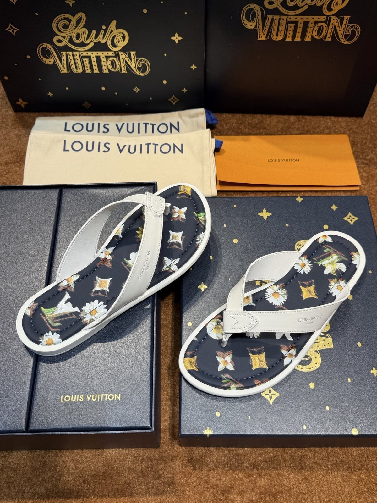 Louis Vuitton White & Navy Floral Flip-Flops — side