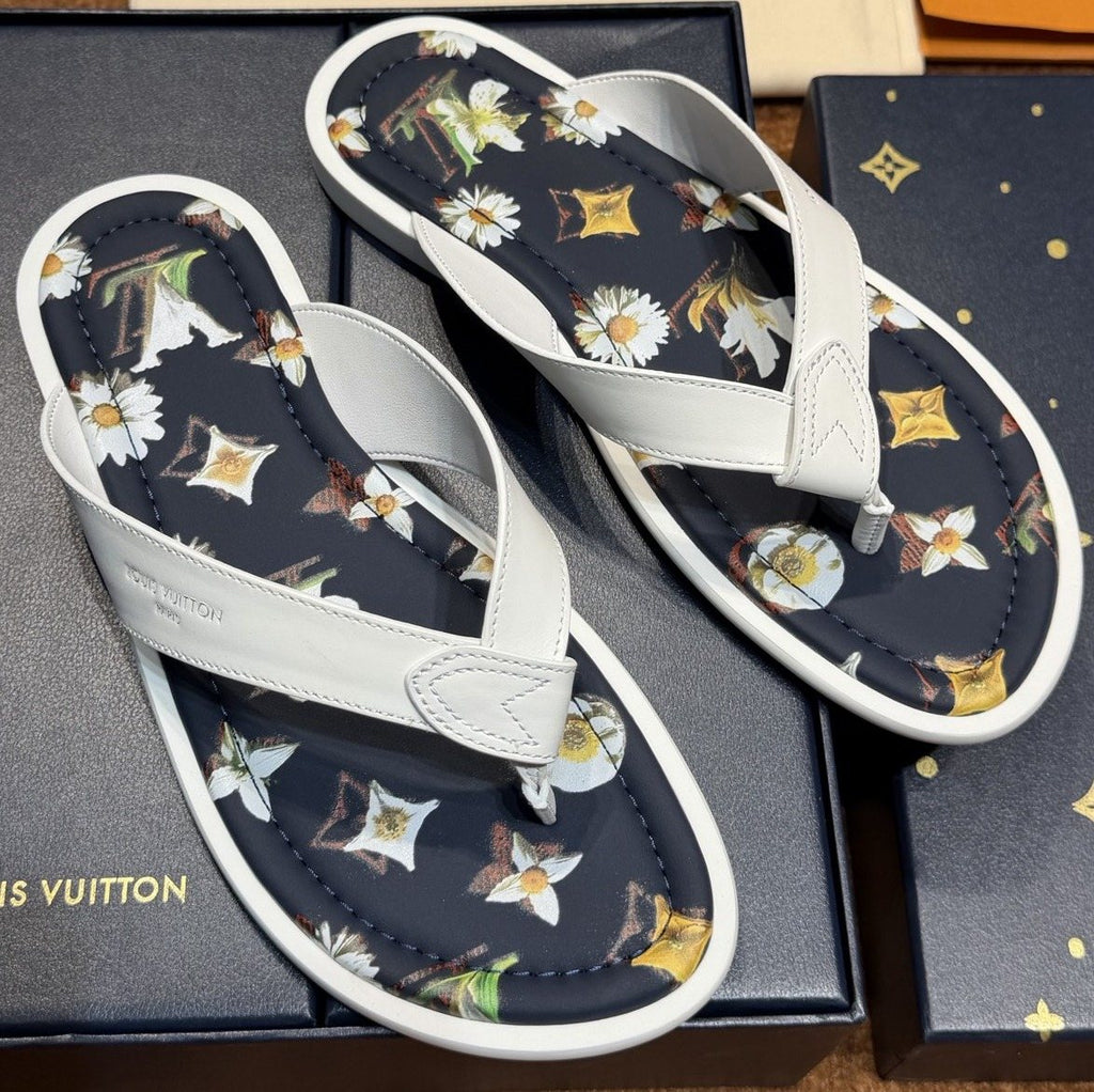 Louis Vuitton White & Navy Floral Flip-Flops — hero